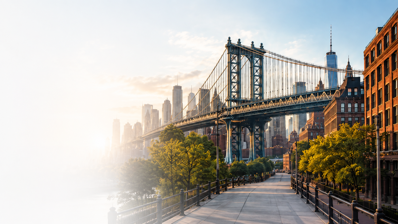 Manhattan Bridge and the Lower Manhattan skyline from a Brooklyn promenade